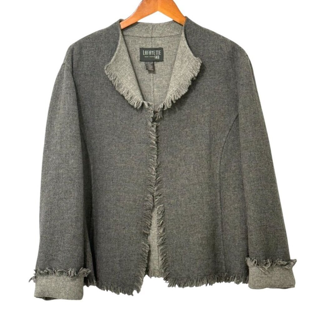 LaFayette 148 Womens Open Wool Blend Jacket Gray Fringe Detail Boxy Size L / XL?